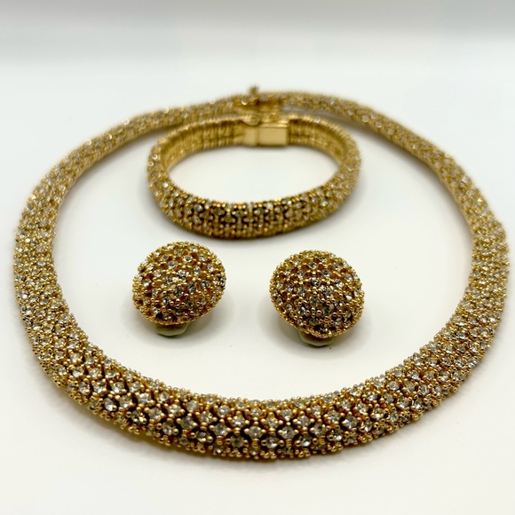 Vintage CINER Gold Tone Rhinestone Necklace Bracelet Earrings Set - Picture 3 of 14